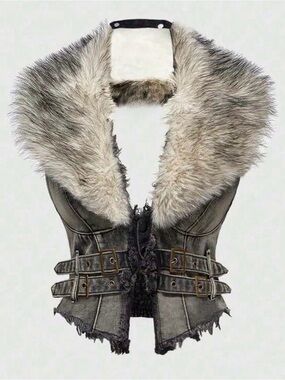 Faux Fur Collared Distressed Denim Vest - Gray